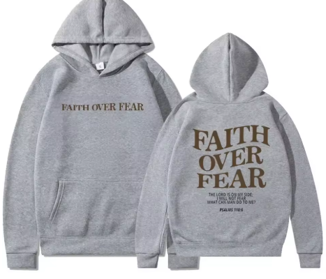 "Faith Over Fear" Casual Christian Hoodie Grey