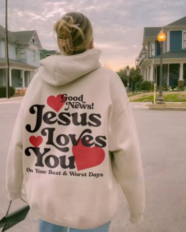 "Jesus Loves You" Classic Casual Hoodie Cream